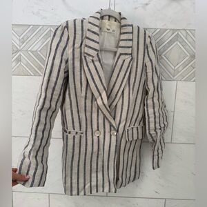 Mango Striped Linen-Blend Double-Breasted Blazer - Neutral/Blue